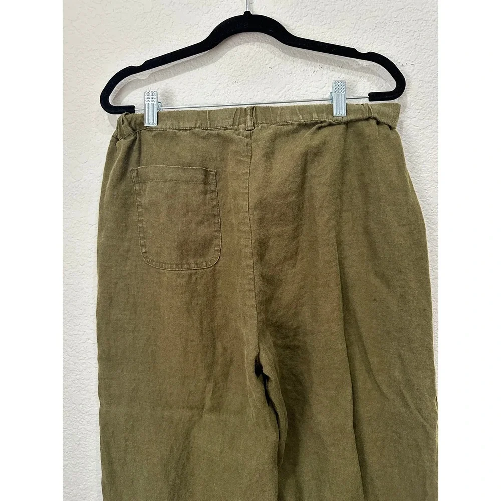 Quince European Linen Pants Olive Green Elastic Waist Tapered Leg Womens Medium